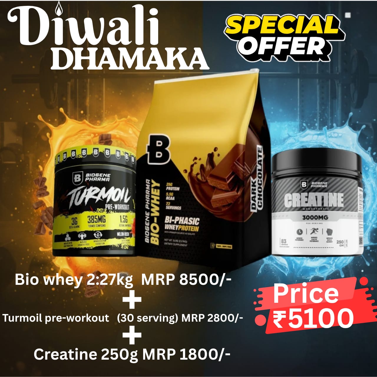 Biogene Pharma Bio Whey + Biogene Pharma Turmoil Pre-workout + biogene pharma creatine 250g