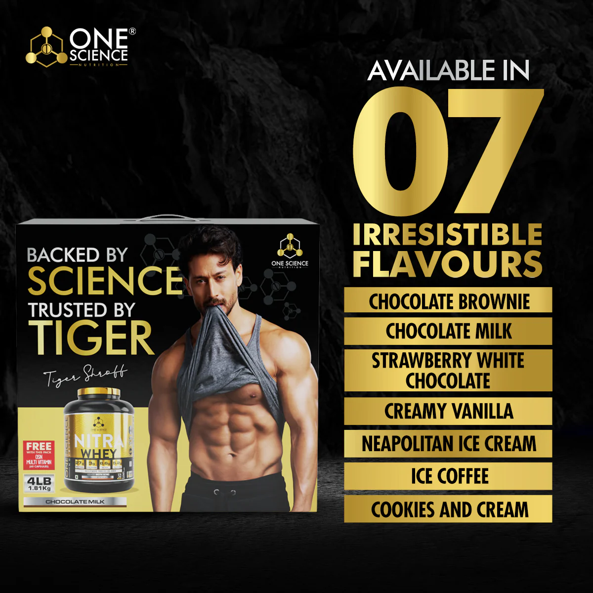 One Science Nitra Whey Powder Chocolate Brownie - 1.81kg (53 serving )  Tiger Shroff Pack